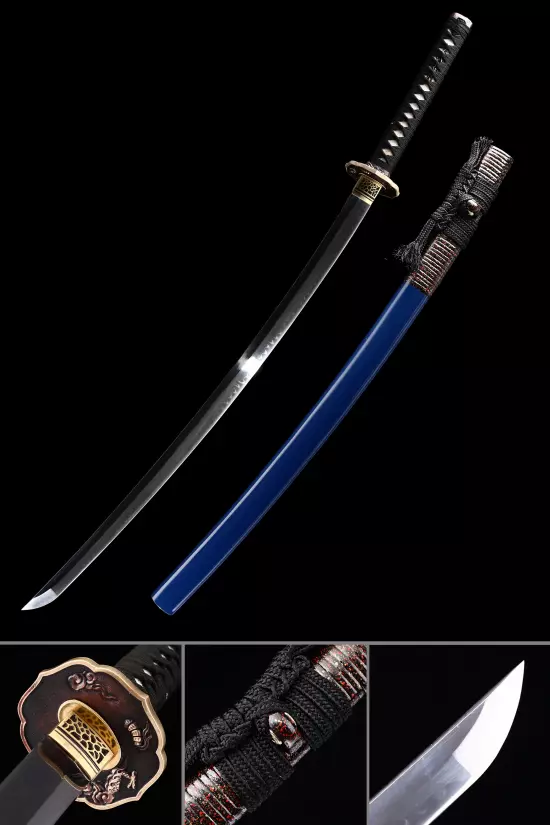 Handmade Japanese Katana Sword T10 Folded Clay Tempered Steel With Blue Scabbard