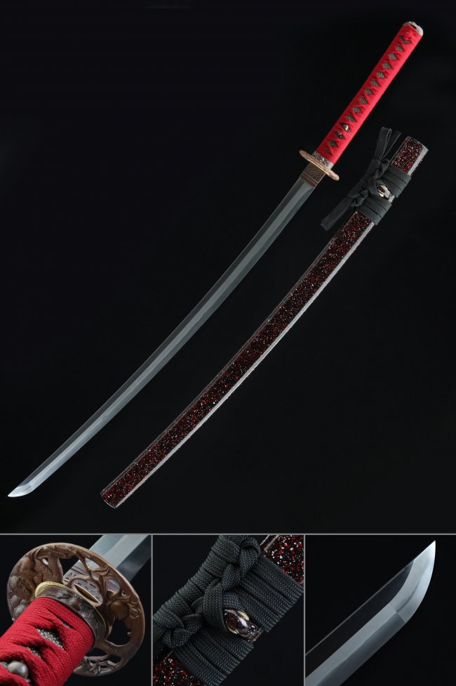 T10 Carbon Steel Katana with Dragon Bronze Tsuba - Red Cord Handle, Black-Red Lacquer Saya