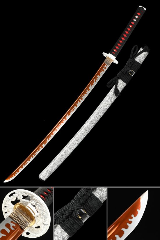 1095 Carbon Steel Katana with Orange Flame Blade - Marble White Saya, Black-Red Tsuka, Ornate Scroll Tsuba