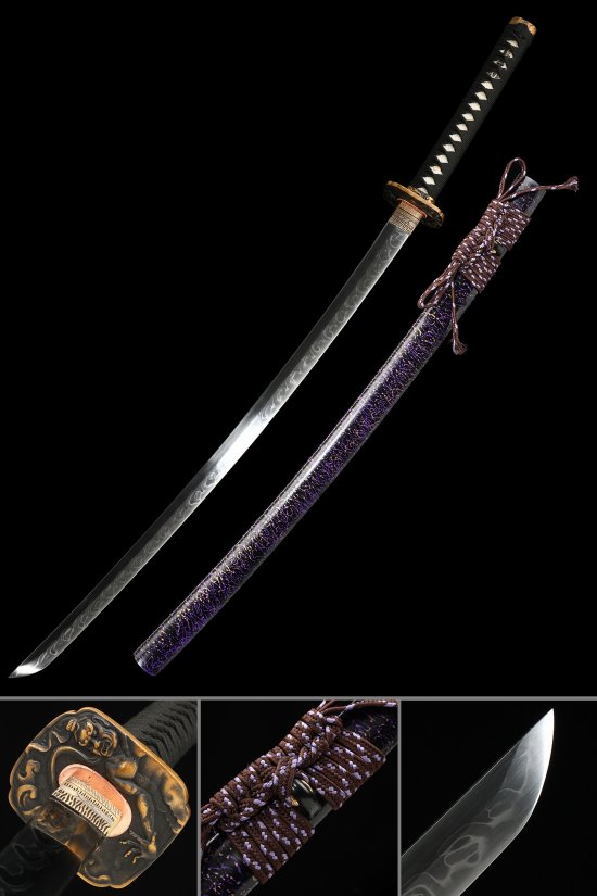 Lion Tsuba T10 Carbon Steel Katana, Full Tang, Handmade & Purple Black Saya
