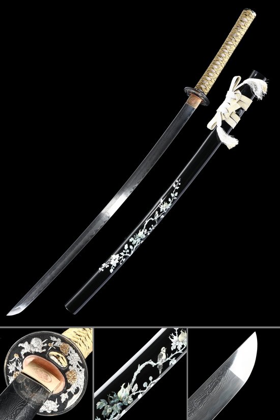 Damascus Steel Katana with Black Piano Lacquer Saya - Mother-of-Pearl Floral Inlay, Beige Cord Handle