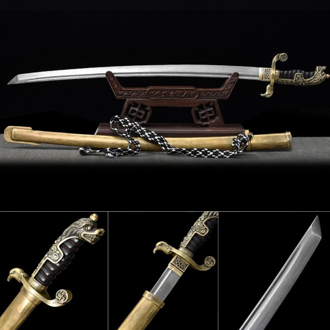 Damascus Steel Shin Gunto Replica with Gold Brass Saya, Hawk Tsuba & Ornate Handle