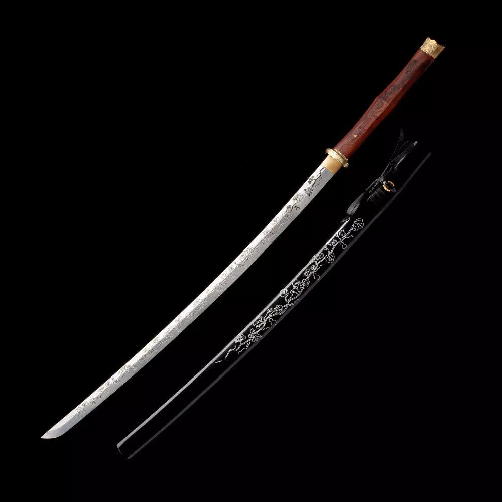 Flower Katana | Damascus Steel Katana with Engraved Flower Vine