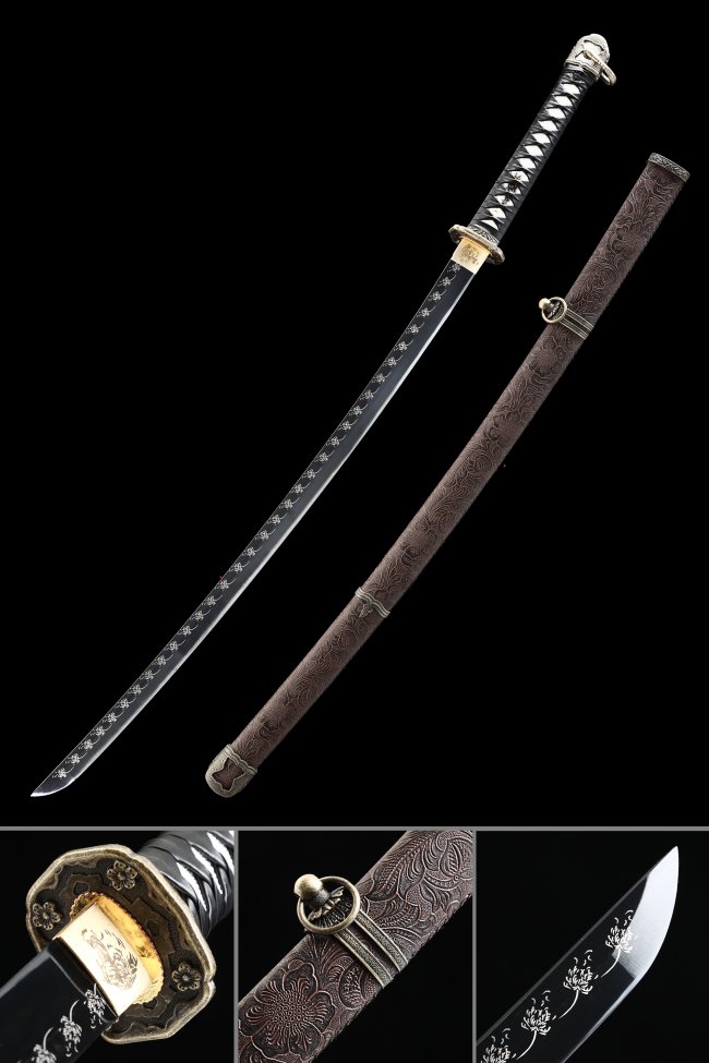 WWII Shin Gunto Type 98 Katana Replica in Manganese Steel with Floral Engraved Brown Saya