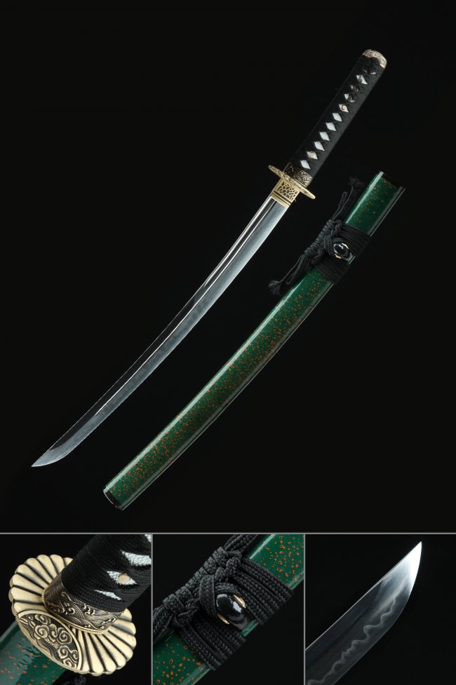 T10 Carbon Steel Wakizashi with Real Hamon in Green Lacquer Saya - Gold Chrysanthemum Tsuba