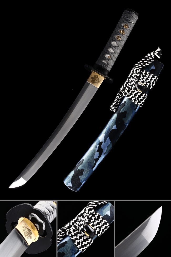 High Manganese Steel Tanto with Blue Camo Saya - Chrysanthemum Iron Tsuba, Gray Tsuka