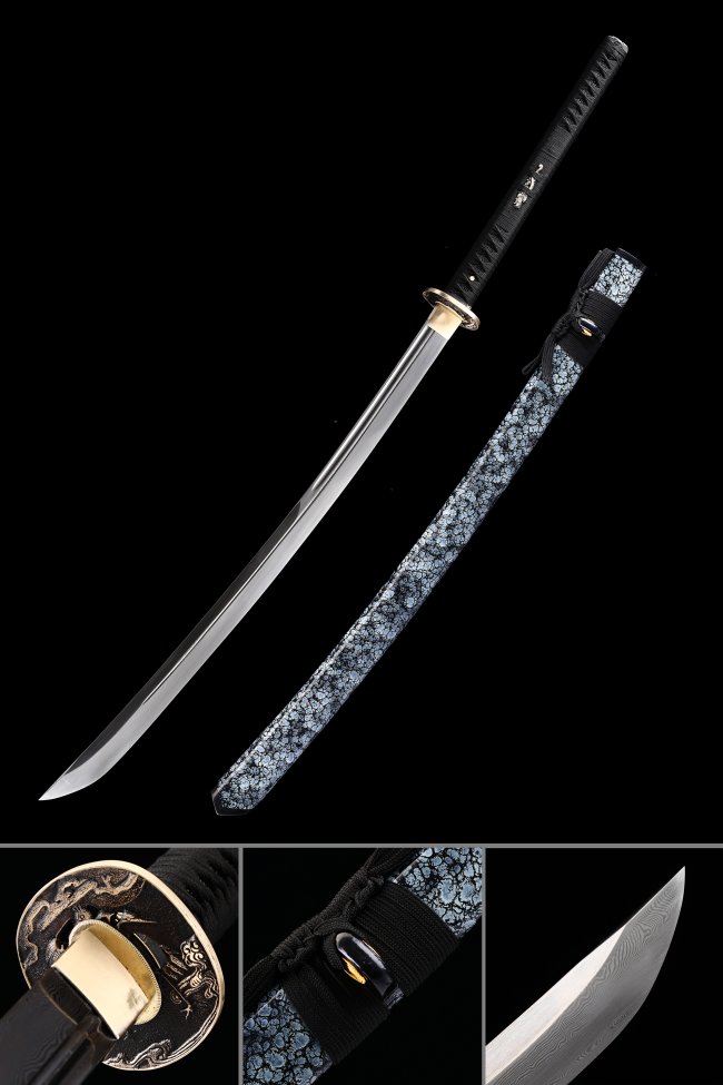 Damascus Naginata Sword - Handcrafted Pattern Steel, Granite Saya, Bo-hi, Full Tang, 118cm