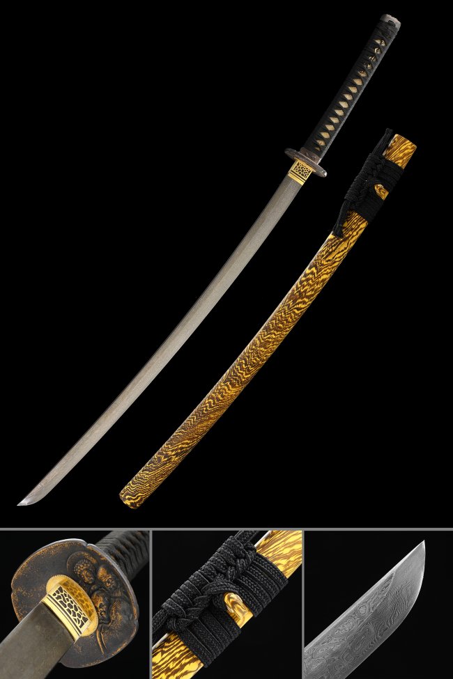 Damascus Steel Katana with Dragon Engraving - Gold-Black Hardwood Saya, Black Cord Handle