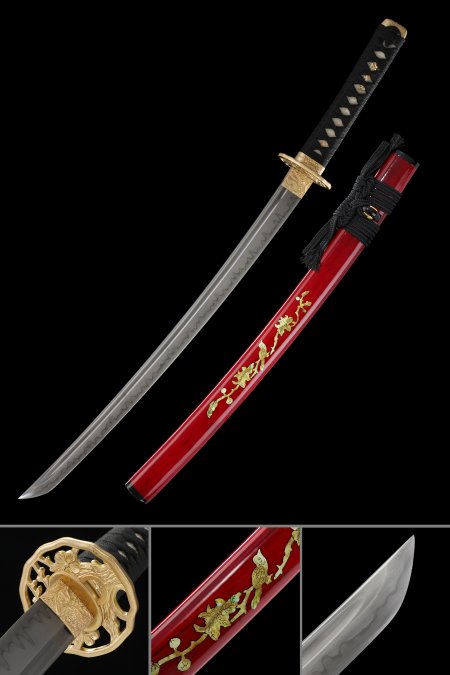 Handmade Japanese Wakizashi Sword With Red Scabbard