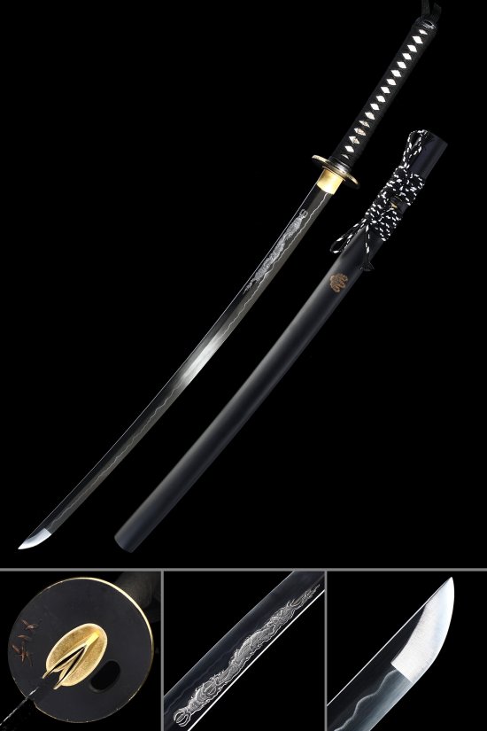 1090 Carbon Steel Katana with Dragon Engraved Blade - Full Tang, Black Lacquer Saya, Gold Tsuba