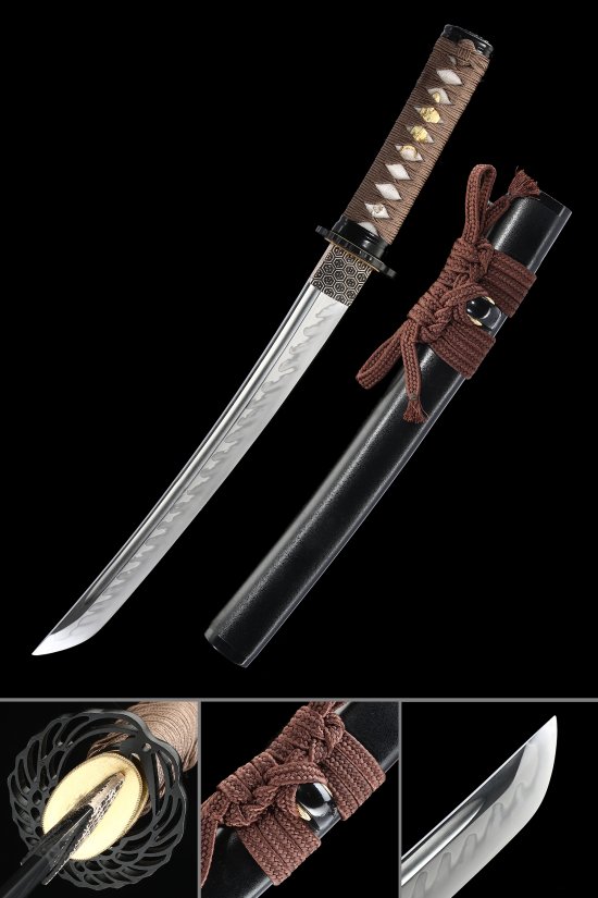 T10 Carbon Steel Tanto with Flame Engraving, Clay-Tempered Blade, Brown Cord Handle & Black Saya
