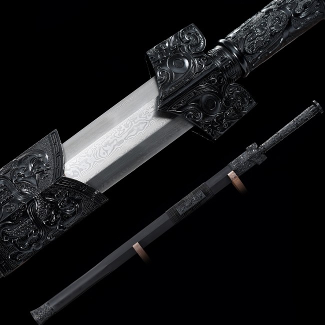Han Dynasty Jian - Folded Damascus Steel Chinese Sword With Carved Ebony Scabbard & Alloy Fittings