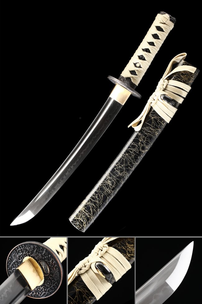 T10 Carbon Steel Japanese Tanto with Clay Tempered Hamon in Black Gold-Thread Saya with Floral Tsuba