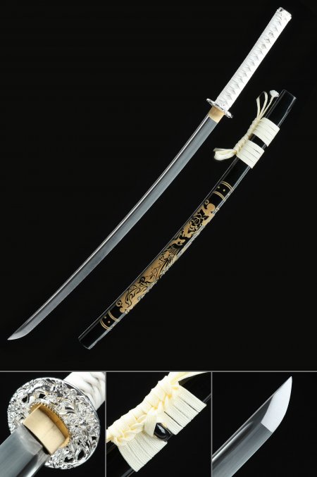 Handmade Japanese Katana Samurai Sword With White Handle And Black Scabbard