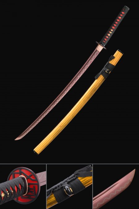 Handmade Japanese Katana Sword High Manganese Steel With Red Blade And Yellow Scabbard
