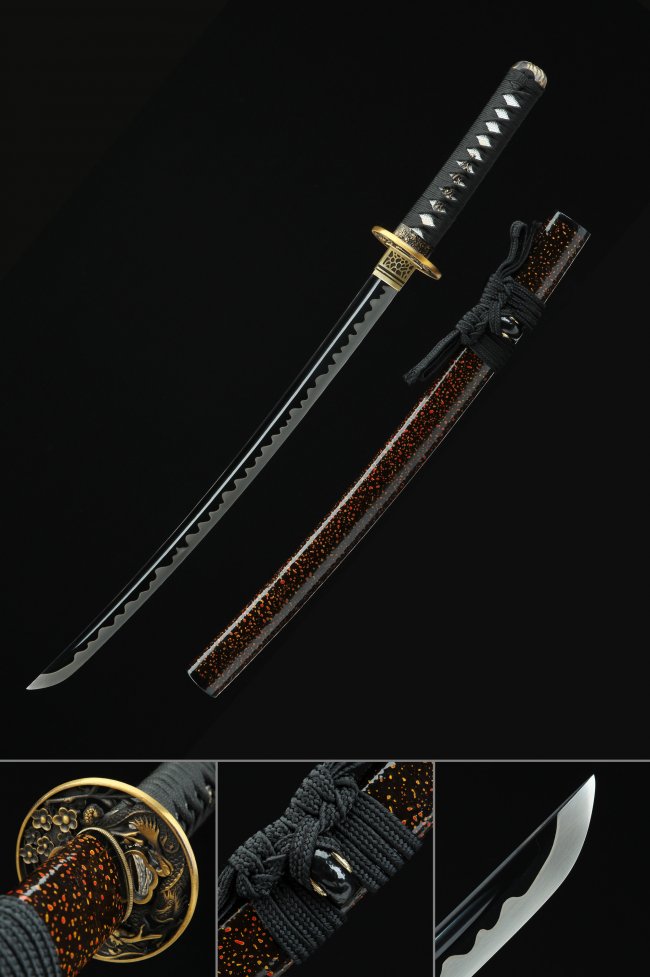 High Manganese Steel Black Blade Wakizashi with Red-Speckled Saya and Gold Phoenix Tsuba
