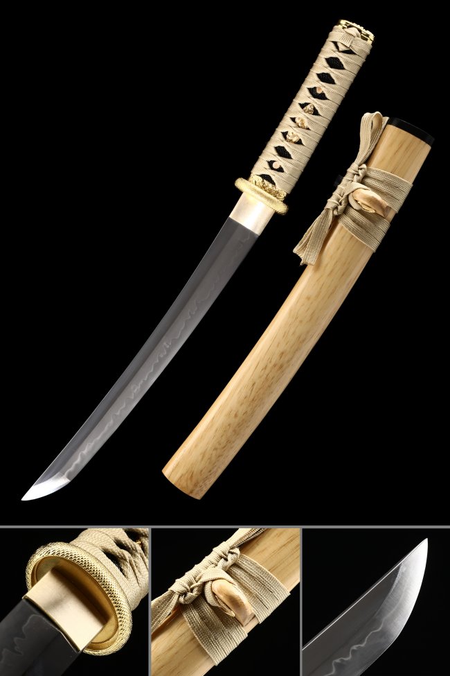 T10 Clay Tempered Tanto with Real Hamon - Natural Hardwood Saya in Gold Fittings Collectible Japanese Short Sword