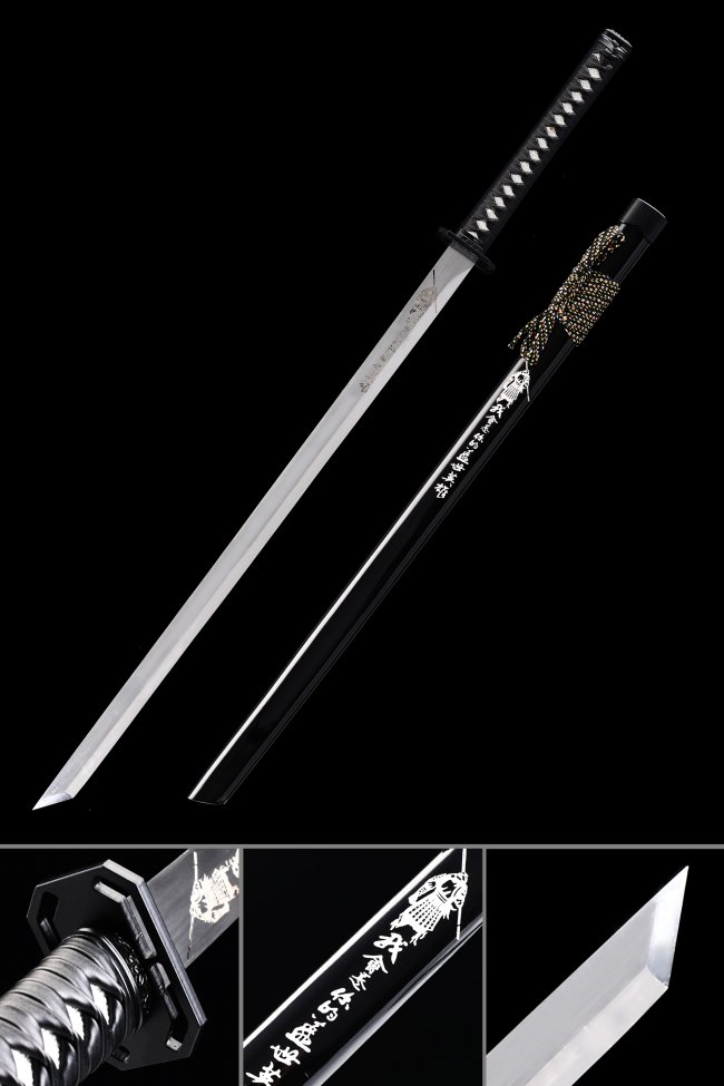 Chokuto Ninjato in Manganese Steel with Black Lacquer Saya - Kanji Engraved Full Tang Replica