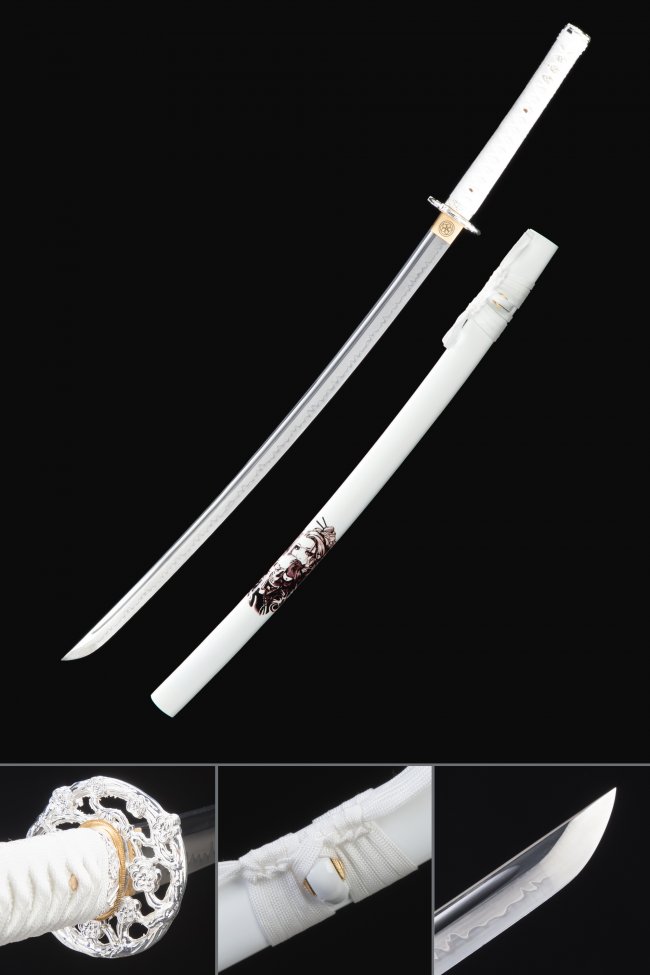 White T10 Steel Katana with Chrysanthemum Tsuba, Real Hamon - Full Tang Collectible Replica