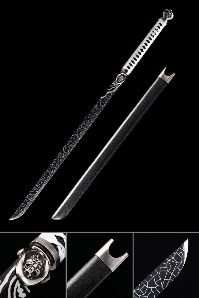 Manganese Steel Ninjato with Black Geometric-Engraved Blade in White-Black Tsuka Wrap