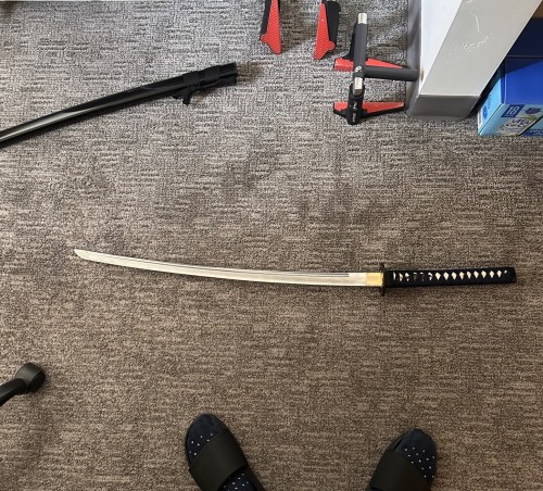 Black Aluminum Practice Katana - Unsharpened 41-Inch, Iron Tsuba, Dark Blue Handle, Training Sword