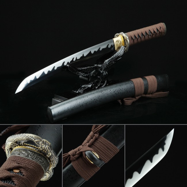 Clay Tempered T10 Steel Black Blade Tanto with Dragon Tsuba and Brown Ito Wrap in Textured Black Saya