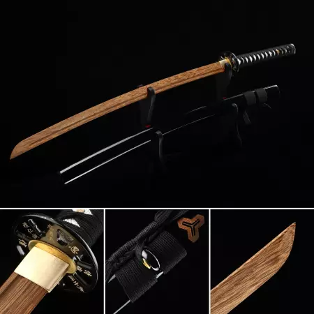 Handmade Japanese Wooden Samurai Sword With Brown Blade And Black Scabbard