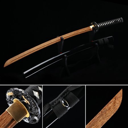 Handmade Japanese Wooden Unsharp Katana Sword With Brown Blade And Black Scabbard