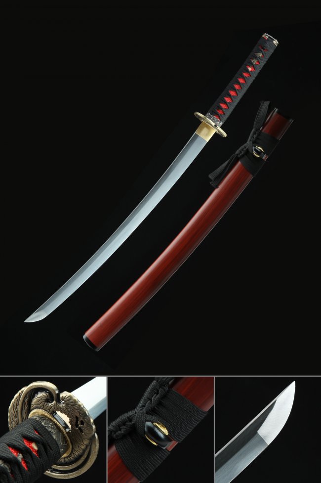 Manganese Steel Wakizashi with Dark Red Piano Lacquer Saya and Flower Alloy Tsuba in Black-Red Ito