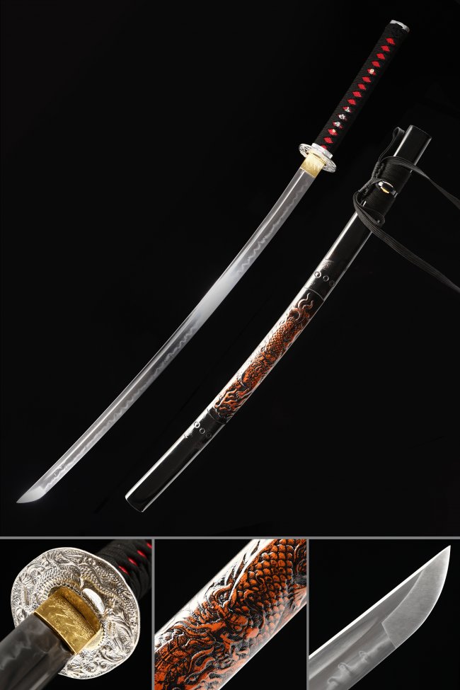 T10 Carbon Steel Dragon Katana with Embossed Dragon Saya - Black & Red Tsuka, Silver Tsuba