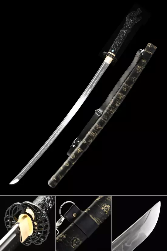 Handmade Katana Sword T10 Folded Clay Tempered Steel With Dragon Head Handle