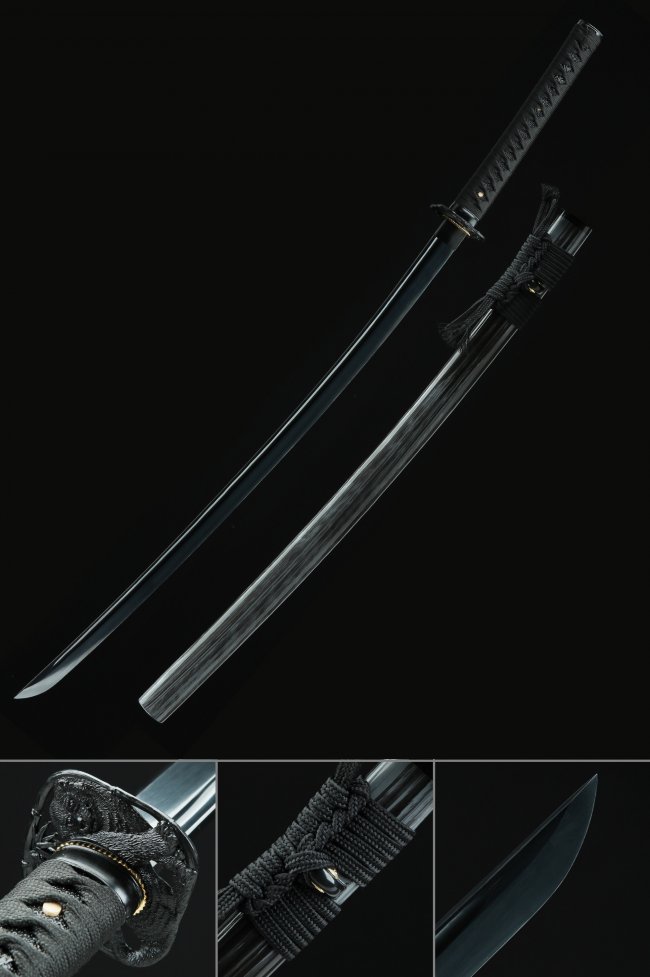 Black Blade Katana Sword - 1045 Manganese Steel with Orchid Alloy Tsuba in Full Tang Design