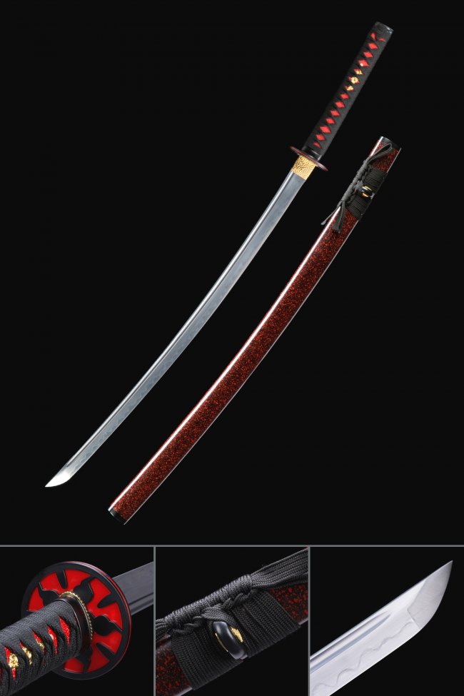 T10 Carbon Steel Katana with Dark Red Lacquered Saya - Black Red Tsuka, Hamon Blade