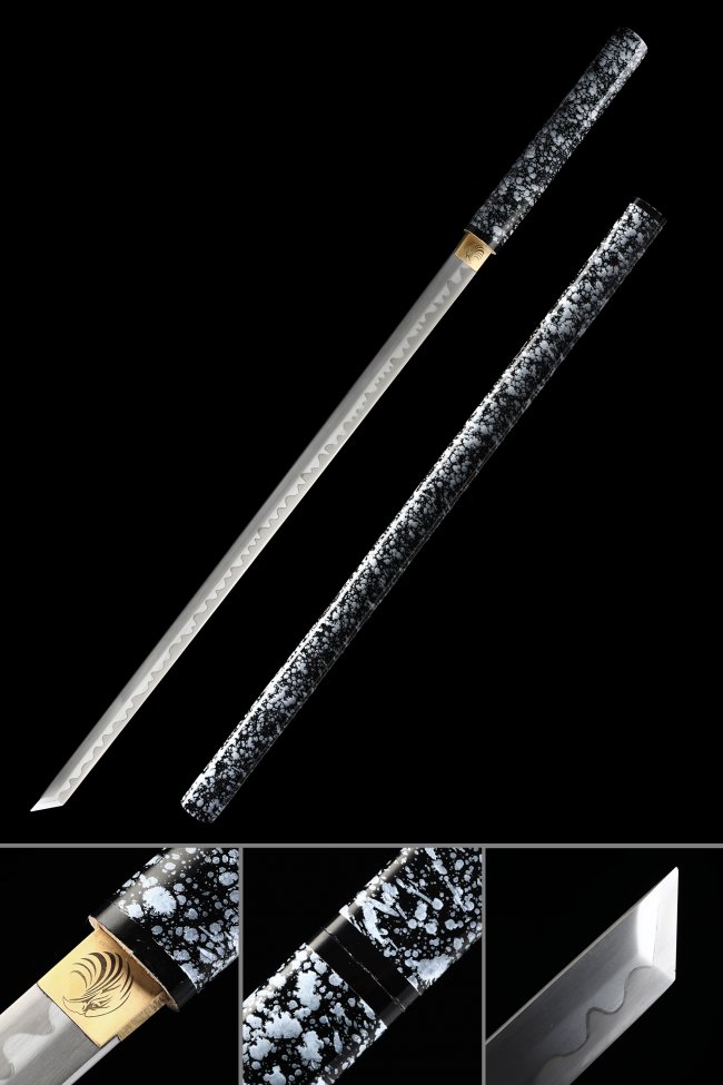 Shikomizue Sword T10 Steel with Hamon in Black-White Marble Saya, Gold Phoenix Tsuba