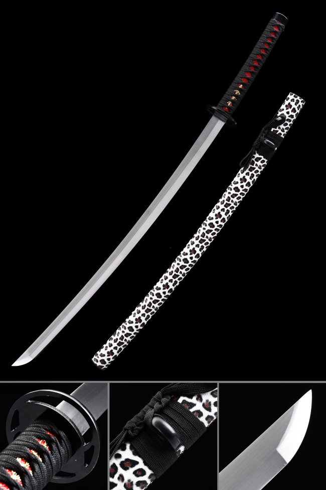 1060 Carbon Steel Katana with Leopard Print Saya - Black & Red Tsuka, Geometric Iron Tsuba