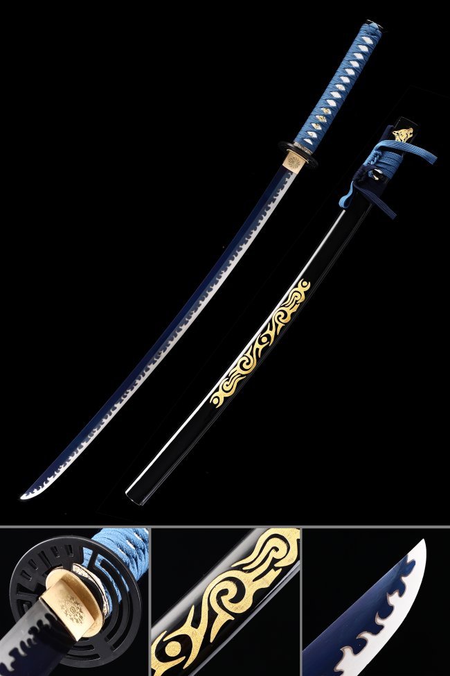 Manganese Steel Katana with Blue Blade & Gold Vine Black Saya - Full Tang Samurai Sword