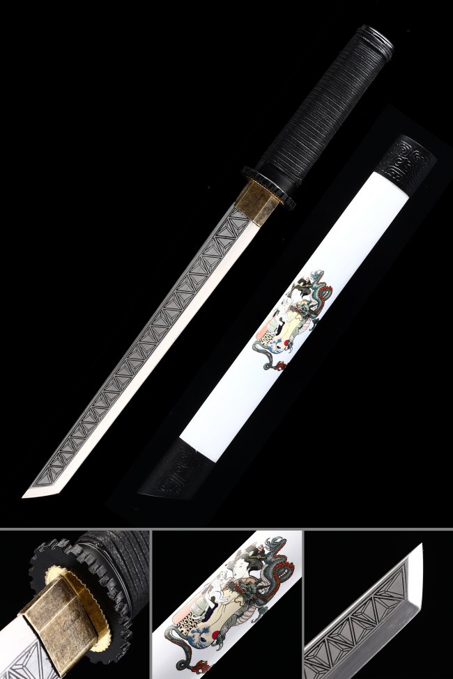 Manganese Steel Hamidashi Tanto with Geometric Blade Engraving - White Lacquer Saya, Dragon Art