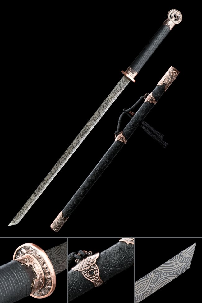 Chokuto Ninjato in Manganese Steel with Wave-Engraved Blade, Rose Gold Tsuba & Black Leather Saya