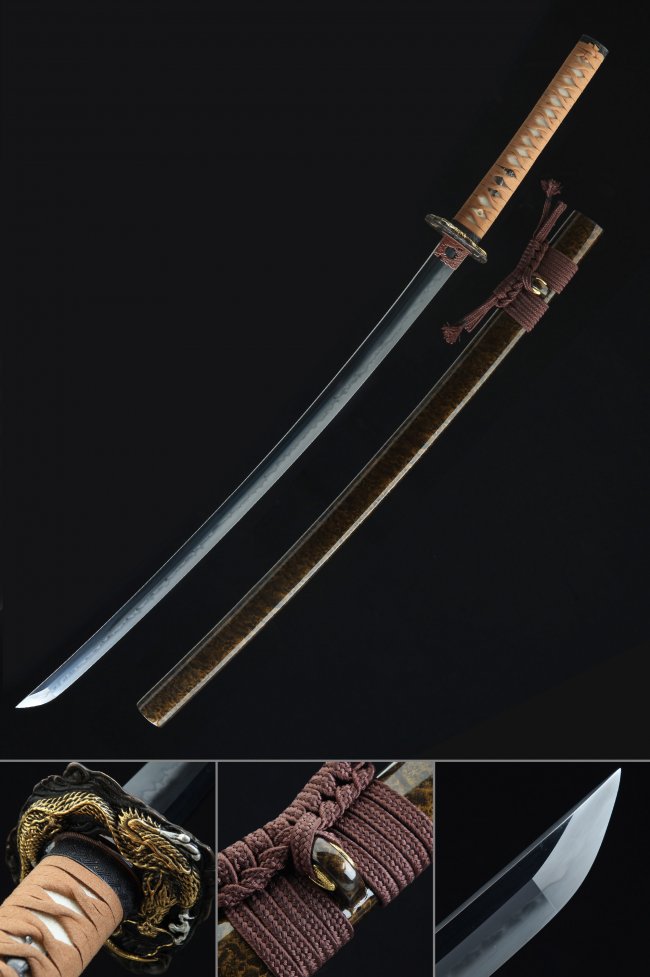T10 Steel Katana with Dragon Tsuba, Beige Cord Handle & Brown Lacquer Saya - Real Hamon