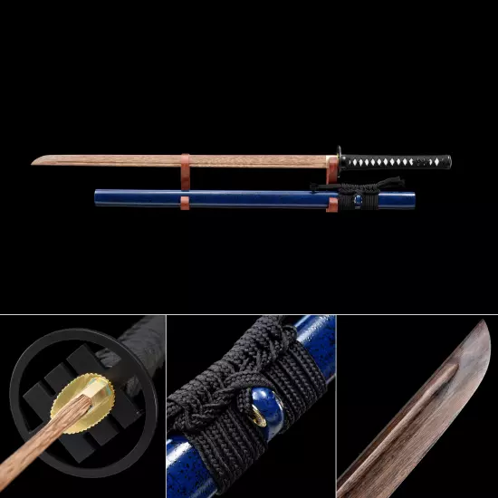 Handmade Natural Wooden Straight Blade Unsharpened Chokuto Ninjato Ninja Swords With Blue Scabbard