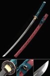 Handmade Japanese Katana Sword With Red Scabbard And Green Handle