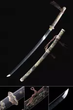 Japanese Sword, Handmade Katana Sword T10 Folded Clay Tempered Steel With Carved Scabbard