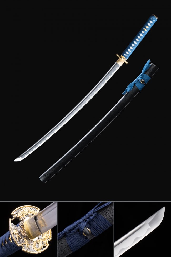 1045 Carbon Steel Katana with Blue Cord Handle, Gold Dragon Tsuba in Black Lacquer Saya