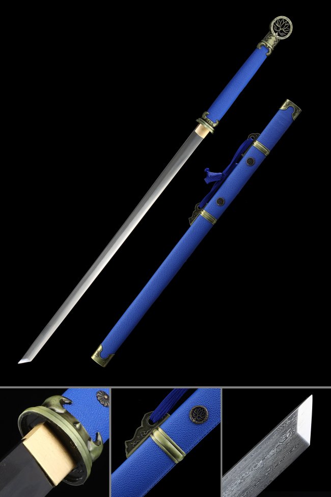 Damascus Steel Ninjato with Blue PU Leather Saya and Bronze Lotus Fittings