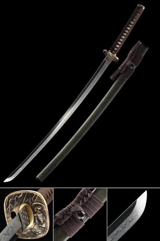 T10 Carbon Steel Katana with Clay-Tempered Hamon Blade - Dark Green Saya, Brown Ito, Gold Samurai Tsuba