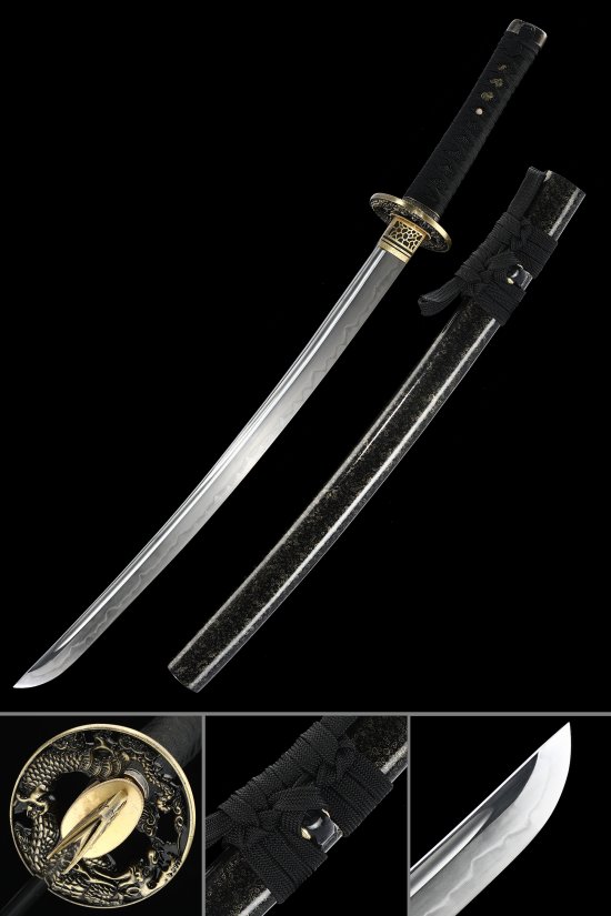 T10 Carbon Steel Wakizashi with Dragon Tsuba in Black Hardwood Lacquer Saya - Gold-Black Koshirae