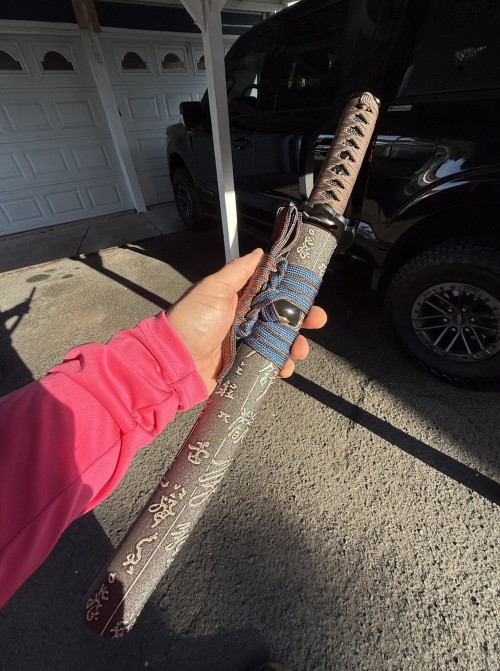 T10 Folded Clay Tempered Tanto Sword with Real Hamon in Brown Ito and Kanji-Carved Leather Saya