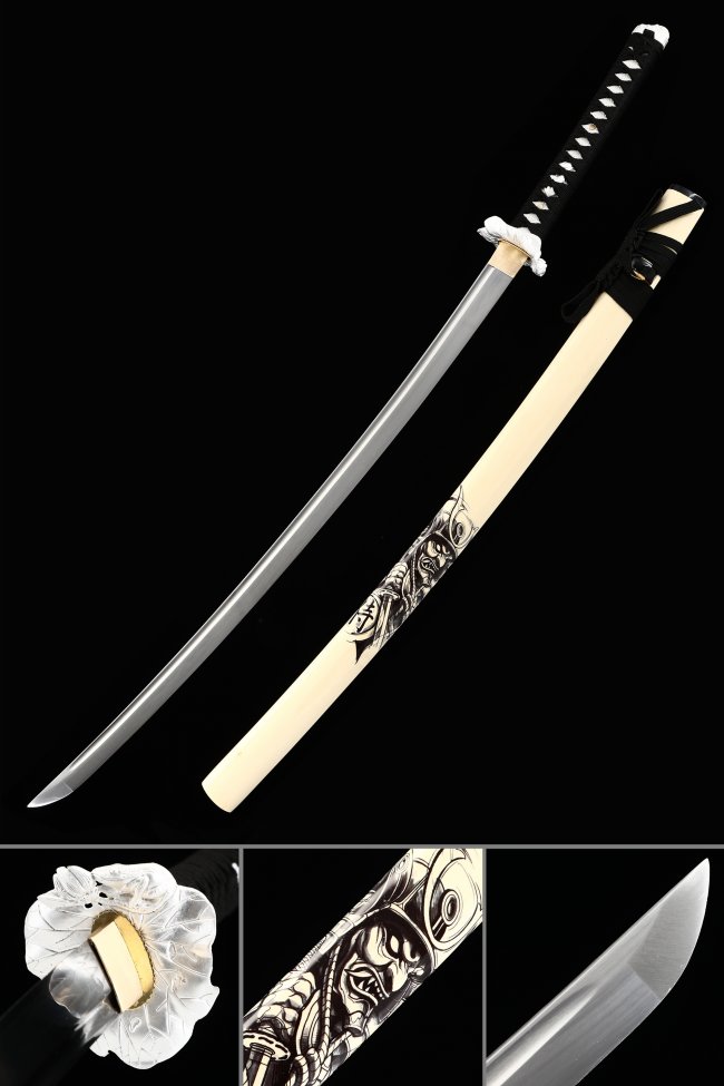 T10 Carbon Steel Katana with Lotus Leaf Tsuba in Beige Lacquered Saya - Full Tang Japanese Sword