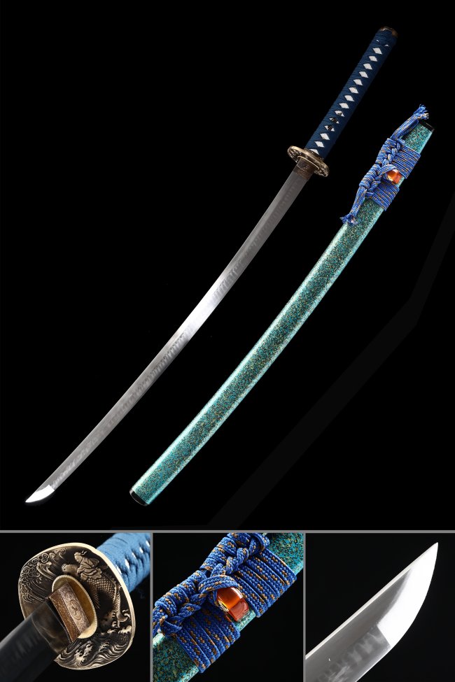 T10 Carbon Steel Katana with Teal Lacquer Saya, Koi Tsuba & Dark Blue Ito Wrap