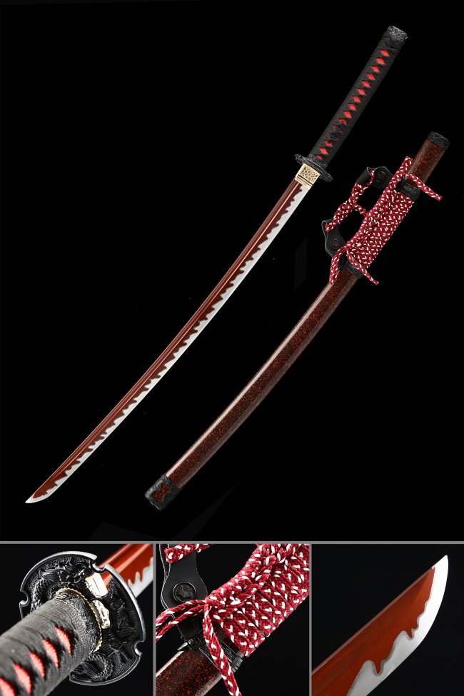 Manganese Steel Tachi Sword with Red Blade, Dragon Tsuba in Dark Red Hardwood Saya